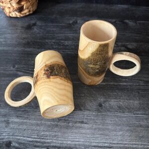 Rustic Wood Mugs Set | Handmade Bark Camp Cups | Set of Two
